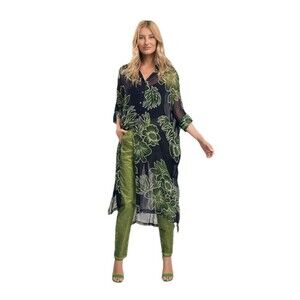 Alembika Royal Green Floral Chiffon Jacket Tunic Dress Sheer Size Small 4-8 NWT